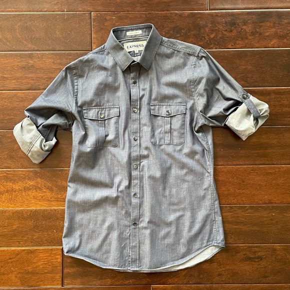 Express Size Medium Button Dress Shirt 15-15 1/2 Slate Blue Extra Slim Fit - Picture 7 of 9